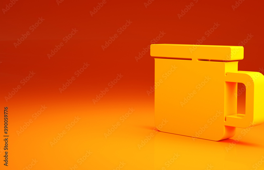 橙色背景上的黄色露营金属马克杯图标。极简主义概念。3d插图