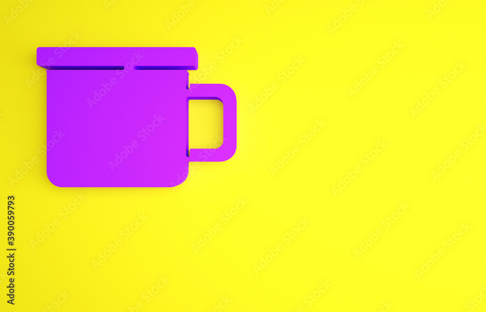 紫色露营金属马克杯图标孤立在黄色背景上。极简主义概念。3d插图