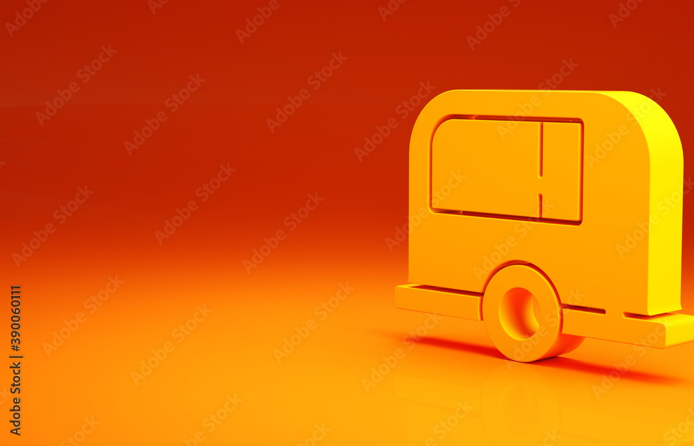 黄色Rv露营拖车图标隔离在橙色背景上。旅行移动房屋，房车，家庭营地
