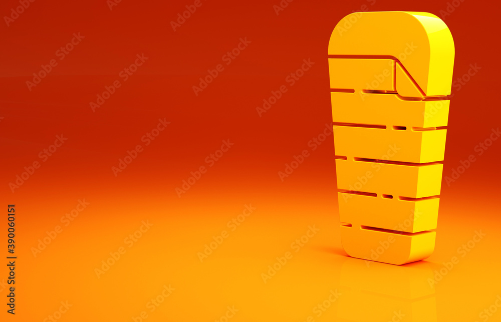 黄色睡袋图标隔离在橙色背景上。极简主义概念。3d插图3d rende
