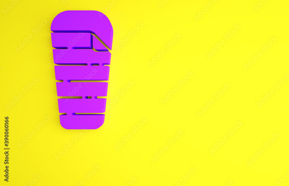 黄色背景上隔离的紫色睡袋图标。极简主义概念。3d插图3d rende