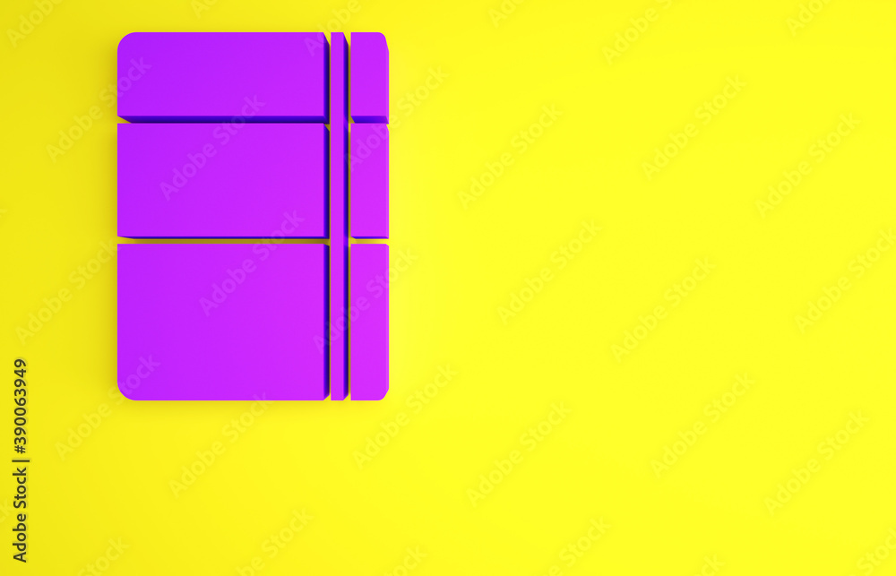 黄色背景上隔离的紫色素描本或相册图标。极简主义概念。三维插图3