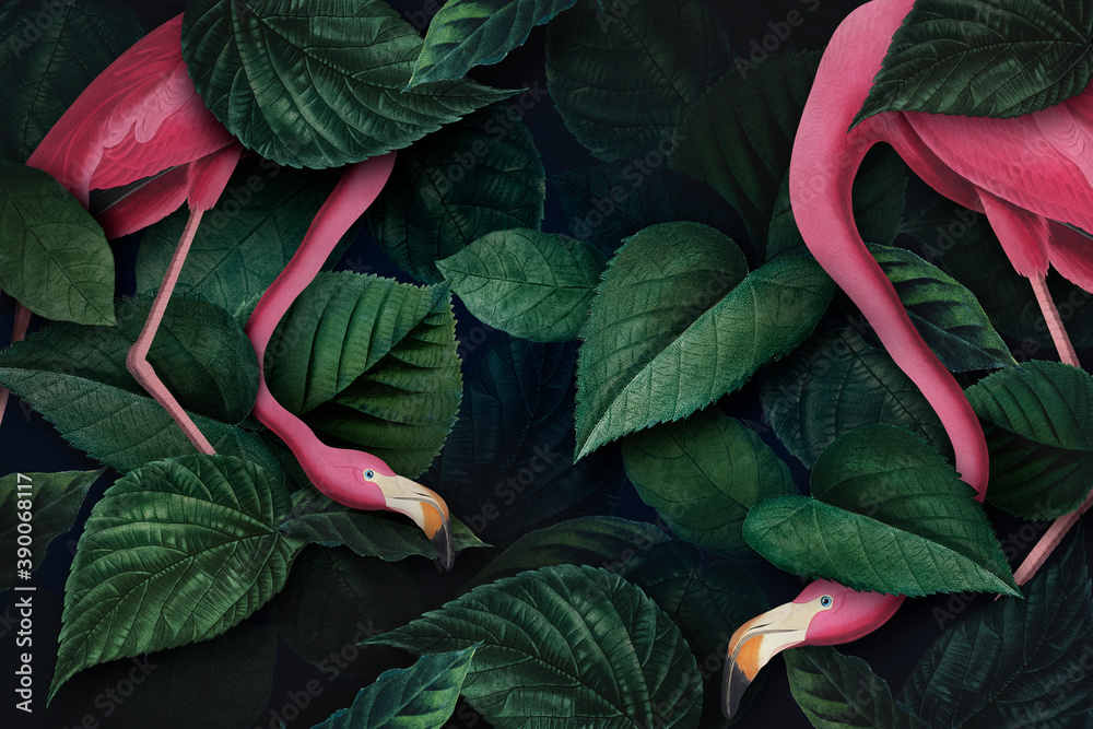 Flamingos on a leafy background