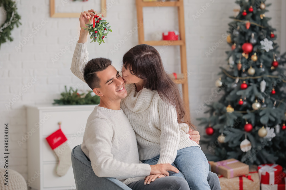 圣诞节前夕，一名年轻女子在家中槲寄生树枝下亲吻丈夫
