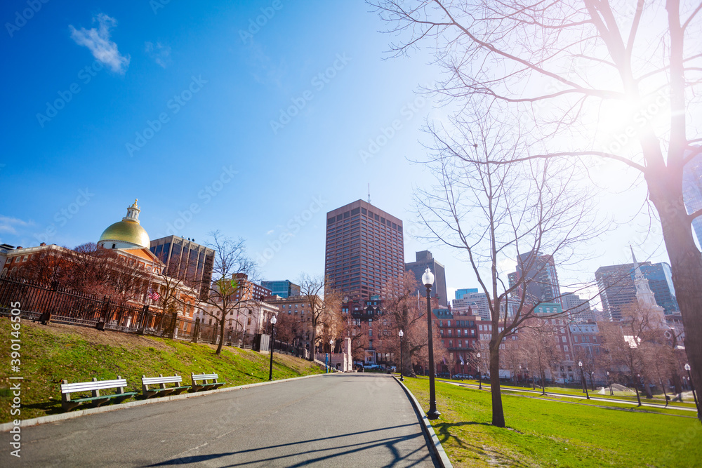 Sacred Cod and panorama of Boston Common, central public park in downtown, Massachusetts, USA