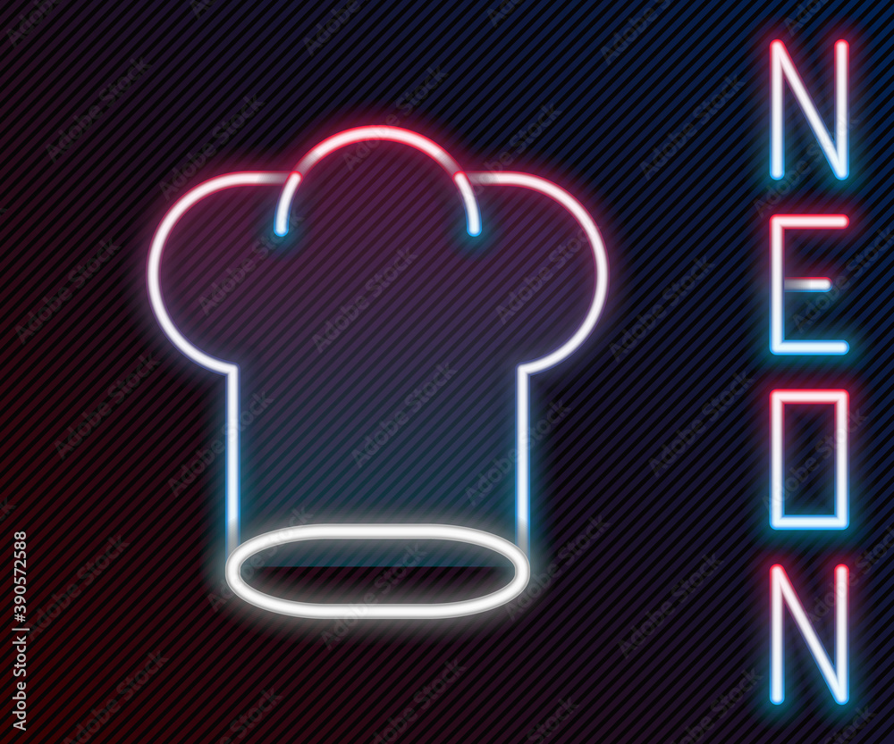 发光的霓虹灯线条厨师帽图标隔离在黑色背景上。烹饪符号。厨师帽。五颜六色的ou