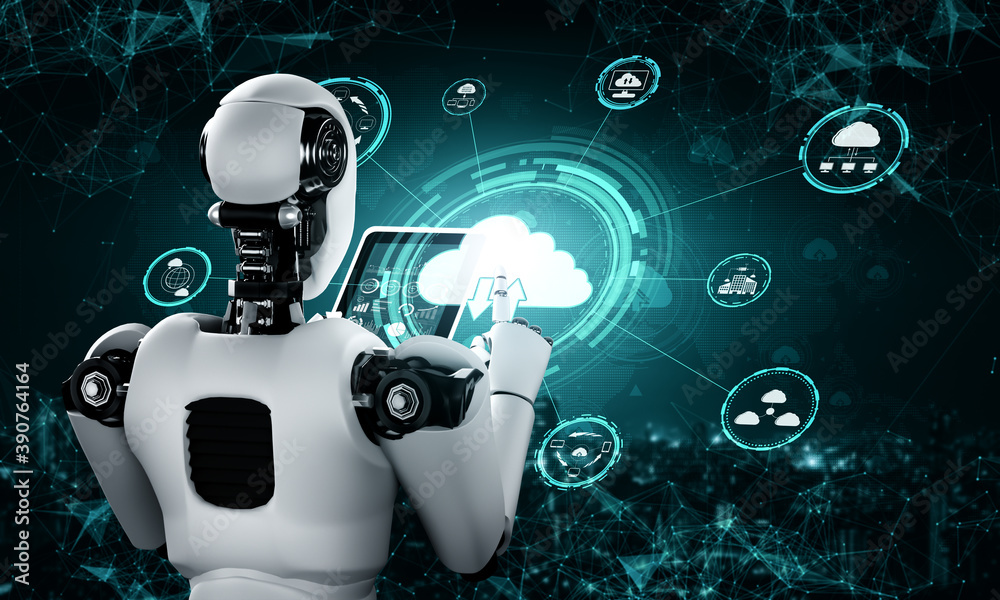 AI机器人使用云计算技术在在线服务器上存储数据。clo的未来主义概念