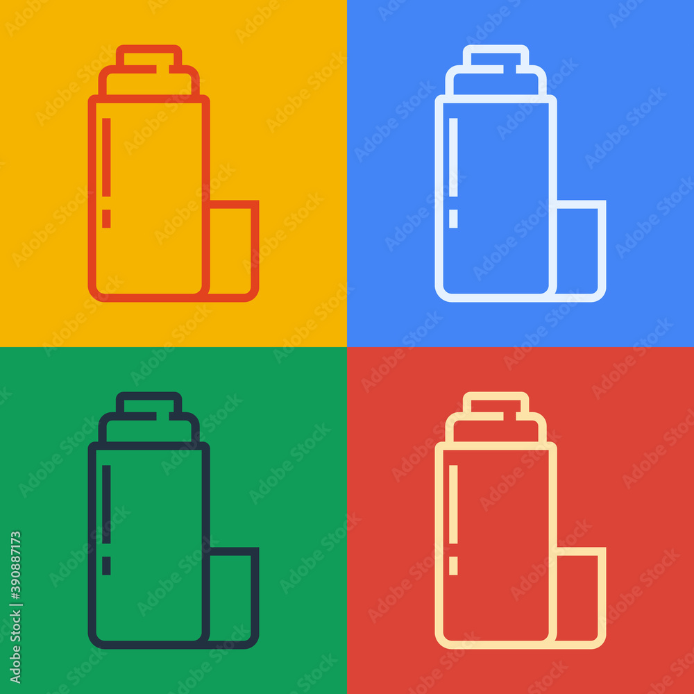 流行艺术线保温瓶容器图标隔离在彩色背景上。保温瓶图标。露营和徒步旅行