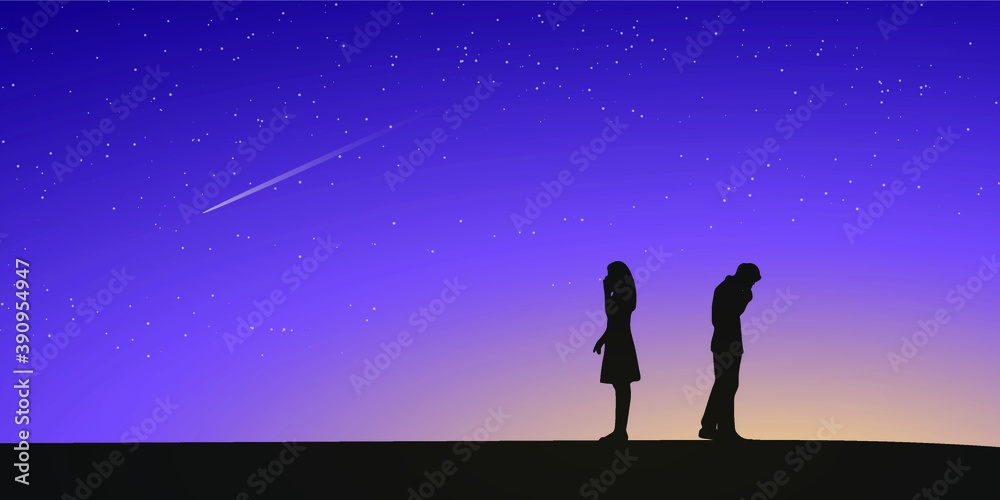 心碎的情侣剪影。夜空和星星作为背景。爱情概念。V