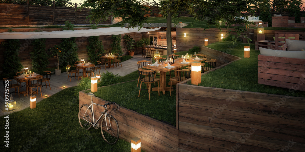 花园酒吧和餐厅-全景三维可视化