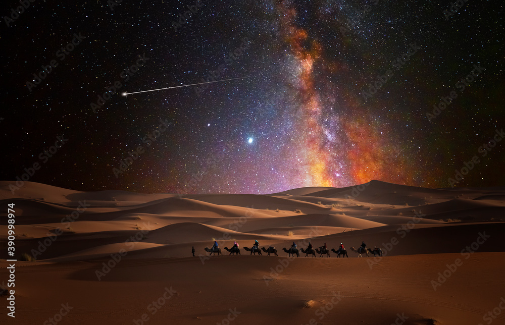 星空之夜沙漠中的骆驼商队