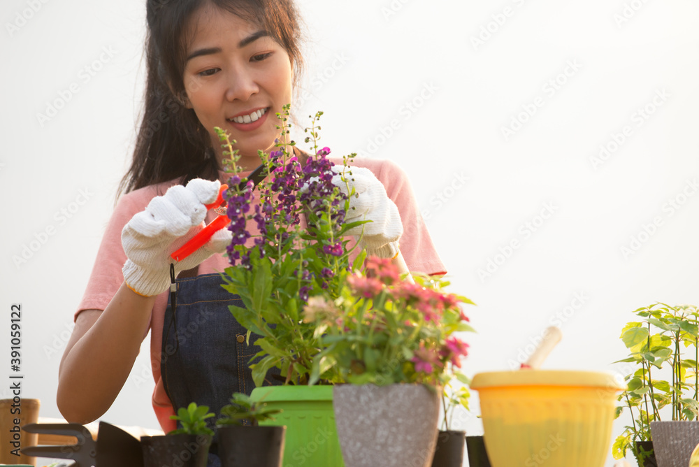 戴着手套的亚洲年轻女子在家门口的花园里种花