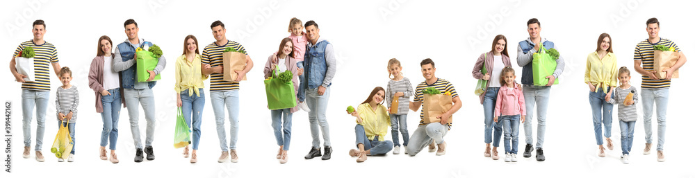 白色背景下购物袋里有食物的家庭拼贴