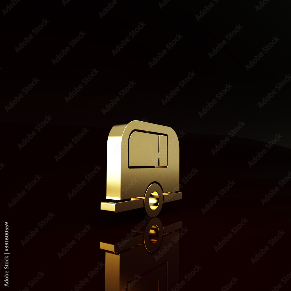 Gold Rv Camping trailer icon isolated on brown background. Travel mobile home, caravan, home camper 