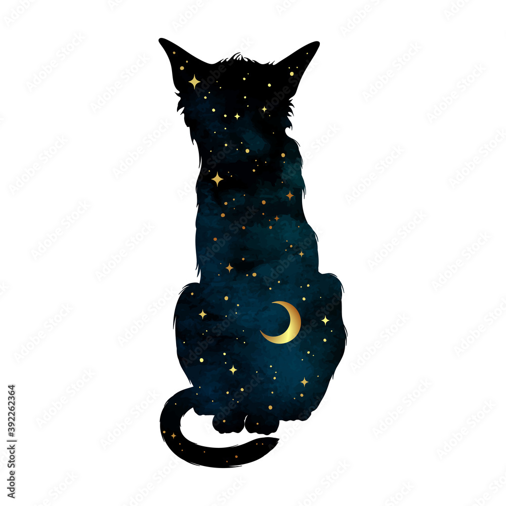 Silhouette of cat with crescent moon and stars isolated. Sticker, print or tattoo design vector illu