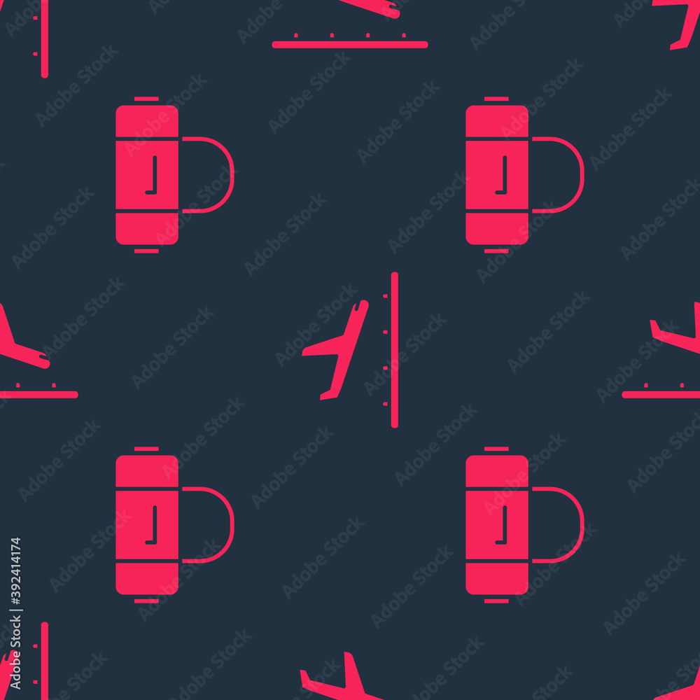 Set Suitcase and Plane landing on seamless pattern. Vector.