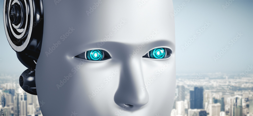 机器人人形人脸和眼睛近景3D渲染。AI思维大脑，人工智能