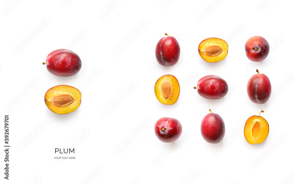 Creative layout made of plum on white background. Food concept. Macro concept.