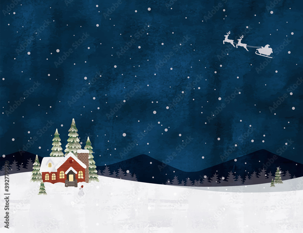クリスマスの家と雪水彩
