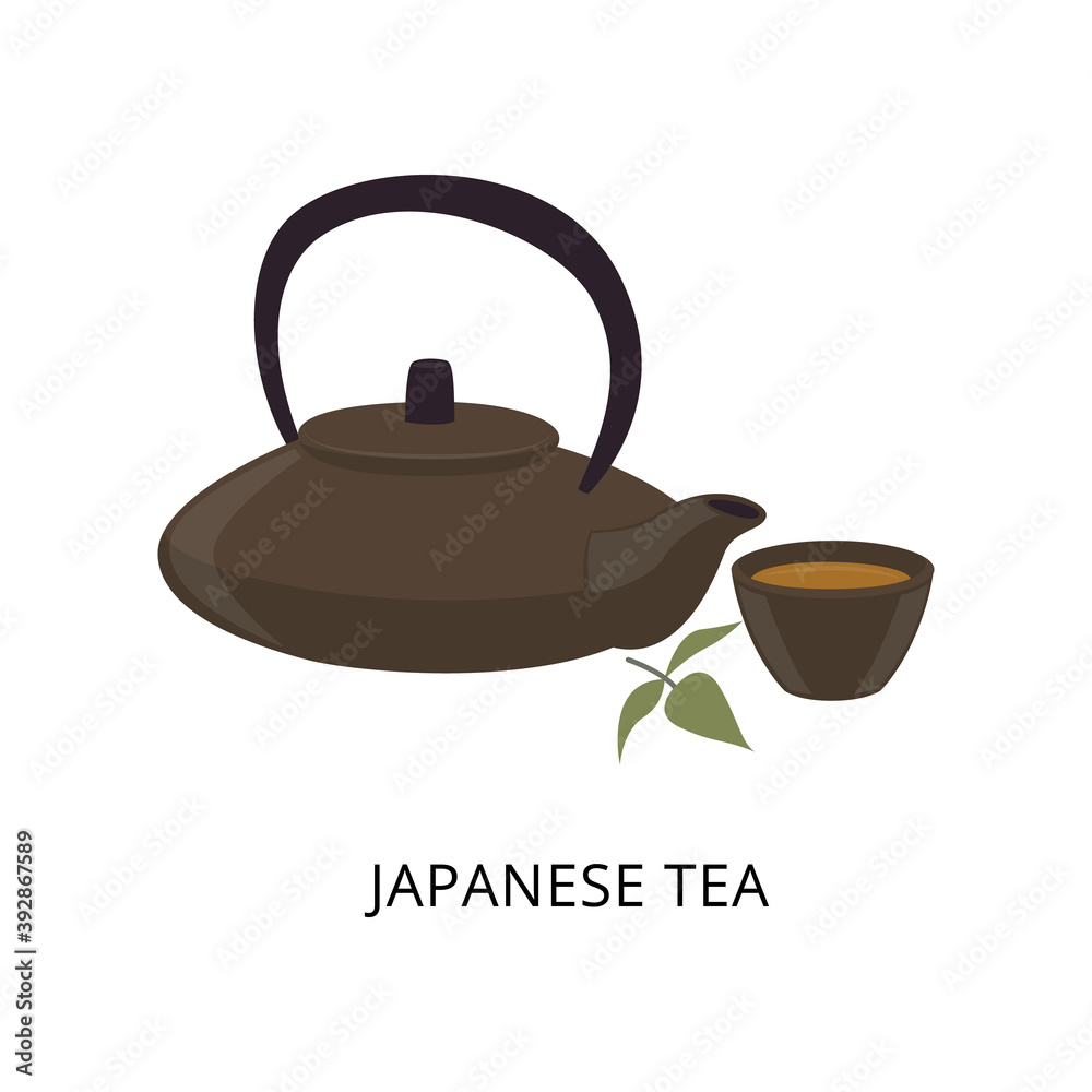 日本仪式用茶具平面矢量插图隔离。