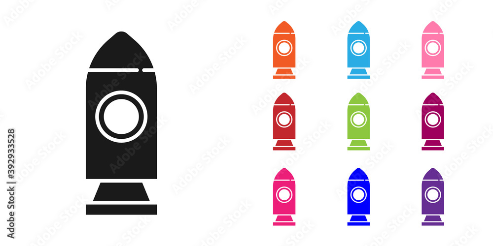 黑色火箭飞船图标隔离在白色背景上。太空旅行。设置彩色图标。矢量。