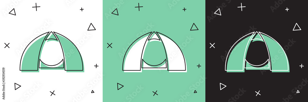Set Tourist tent icon isolated on white and green, black background. Camping symbol. Vector.