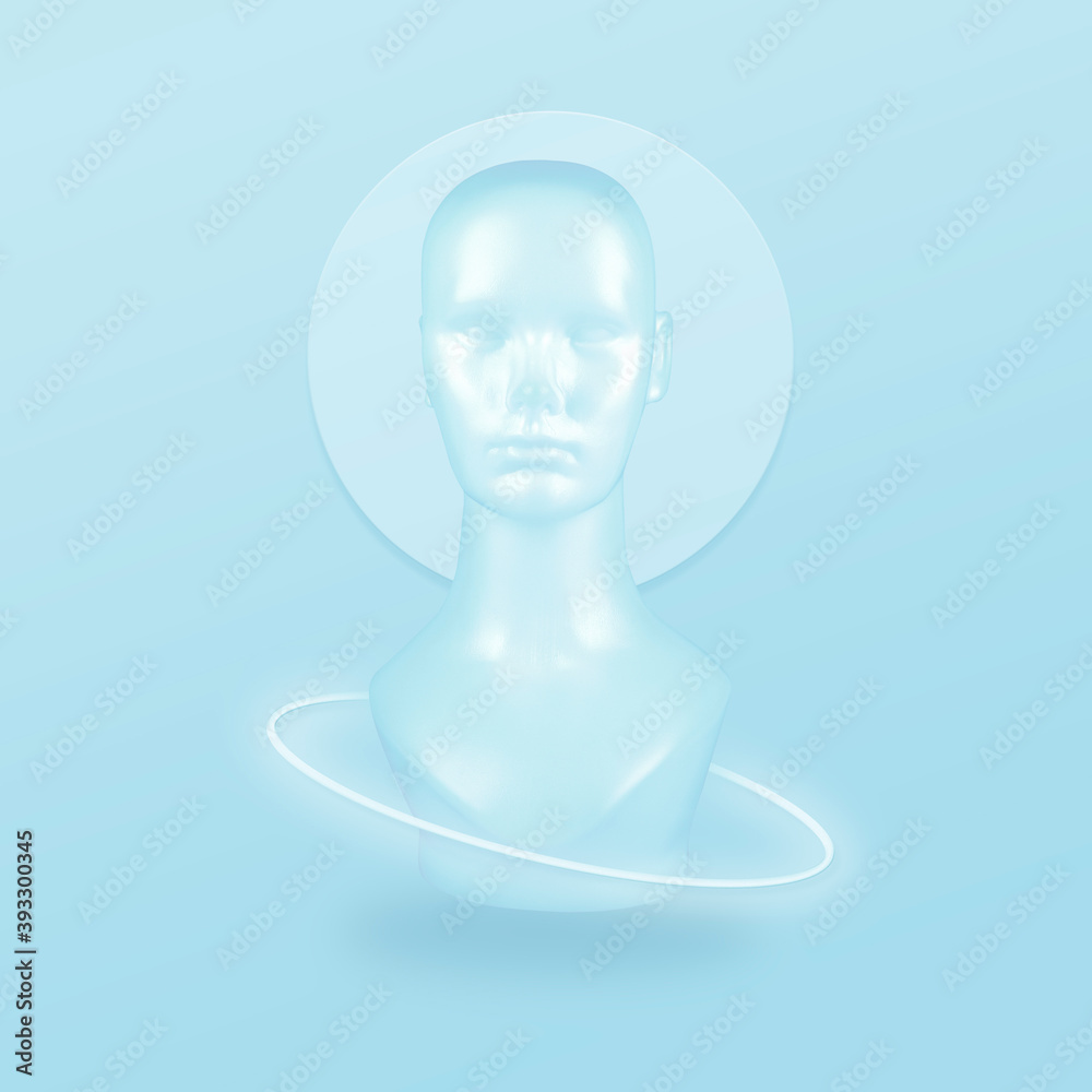 蓝色背景上带有白色霓虹灯环的抽象虚拟头