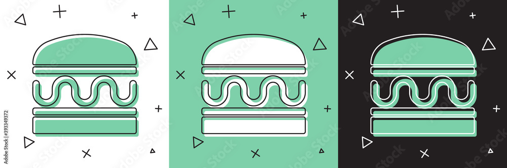 将汉堡图标隔离在白、绿、黑背景上。汉堡图标。奶酪汉堡三明治