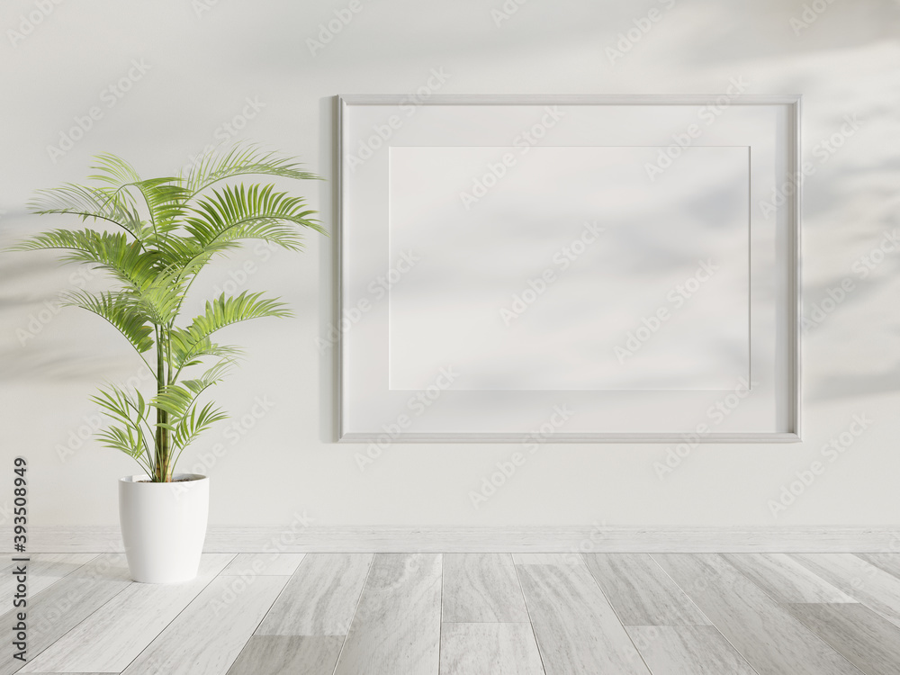 白色框架悬挂在明亮的室内模型中。墙上框架图片的模板3D渲染