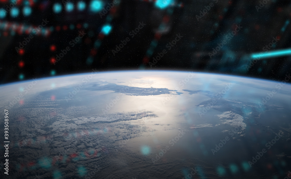 在日出时从空间站窗口观看地球的3D渲染元素