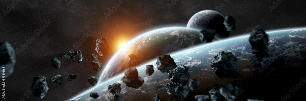 全景空间行星背景。带系外行星3D渲染的遥远太阳系全景