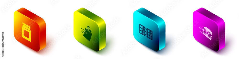 Set Isometric Online ordering and delivery, , Restaurant cafe menu and burger icon. Vector.