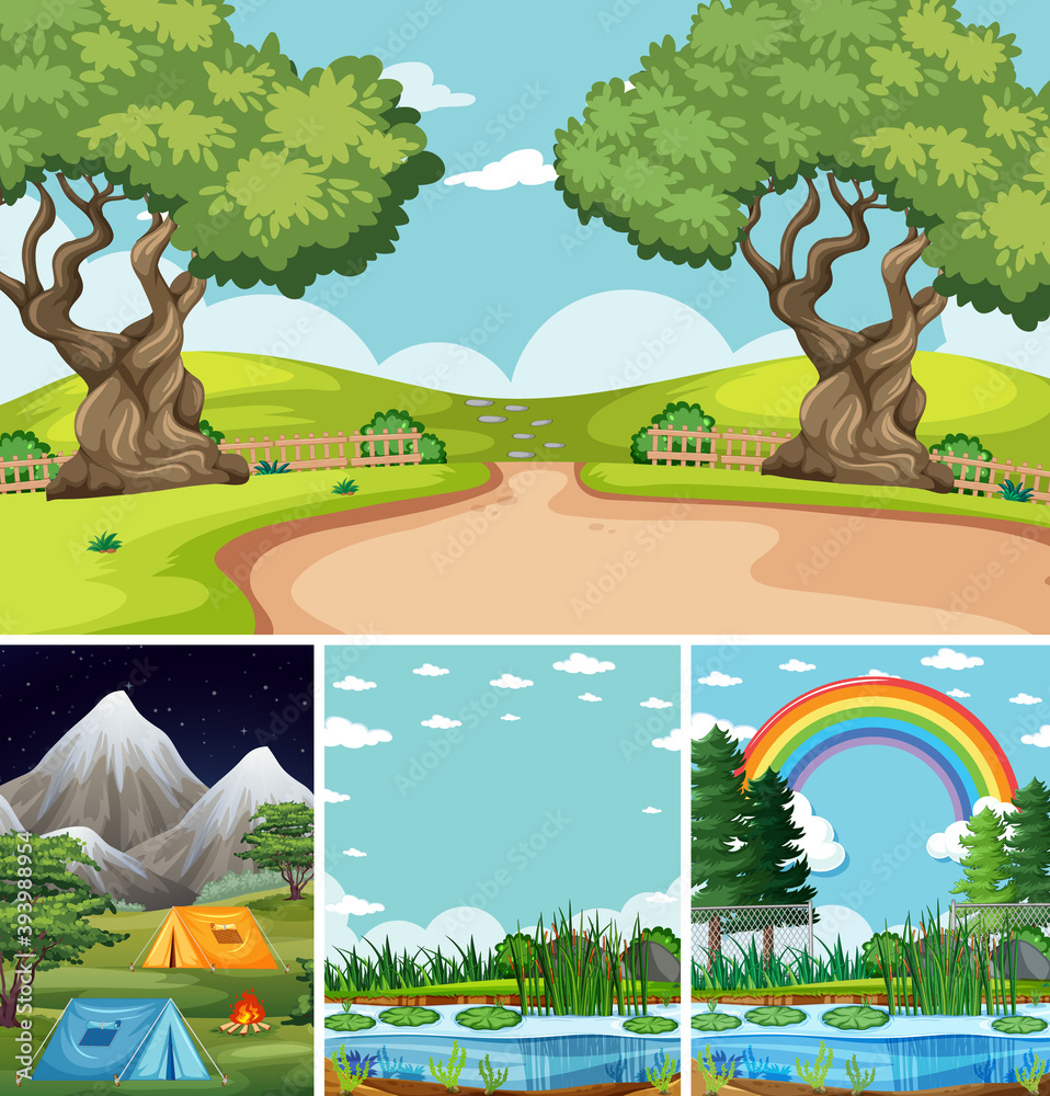 自然设置卡通风格的四个不同场景