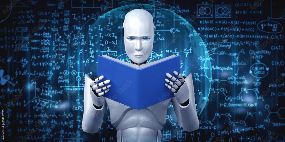 3D illustration of robot humanoid reading book and solving math data analytics in concept of future 