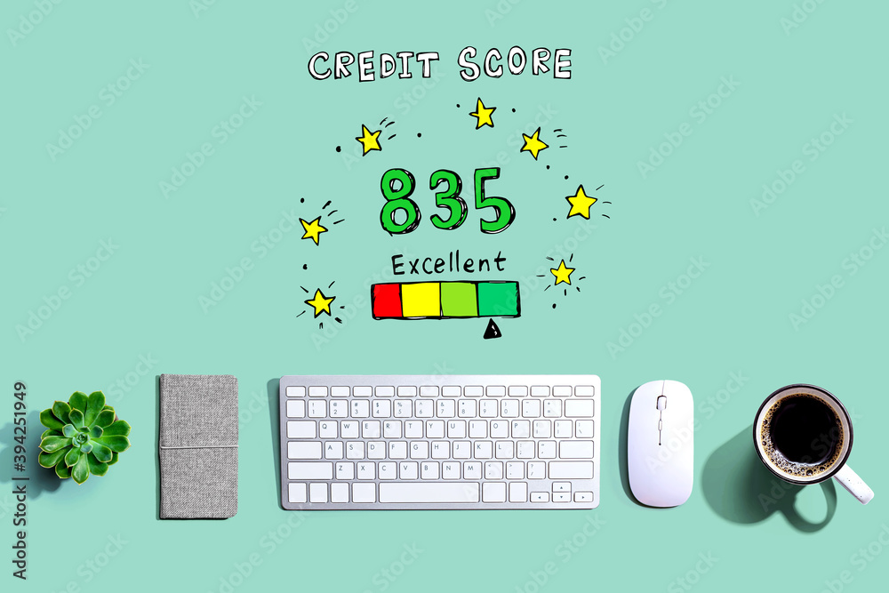Excellent credit score theme with a computer keyboard and a mouse