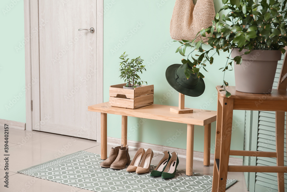 Stylish interior of modern hall with table, houseplants and shoes