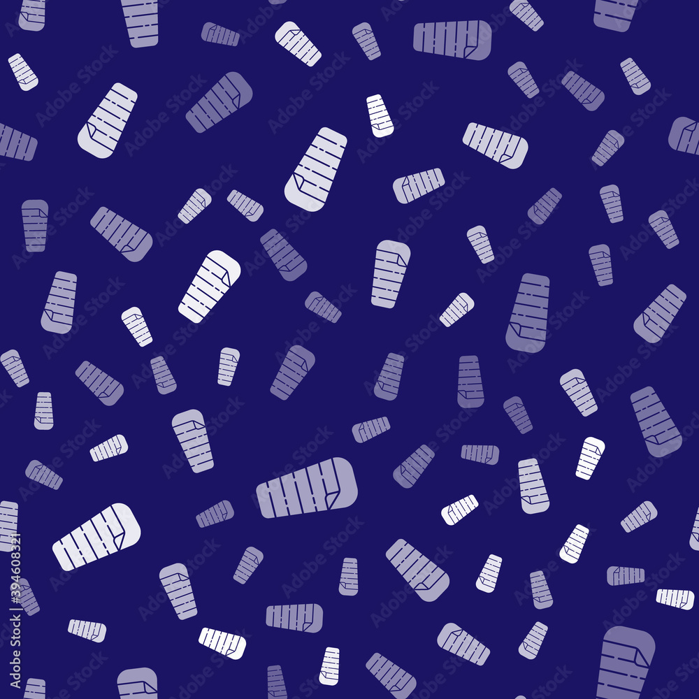 White Sleeping bag icon isolated seamless pattern on blue background. Vector.