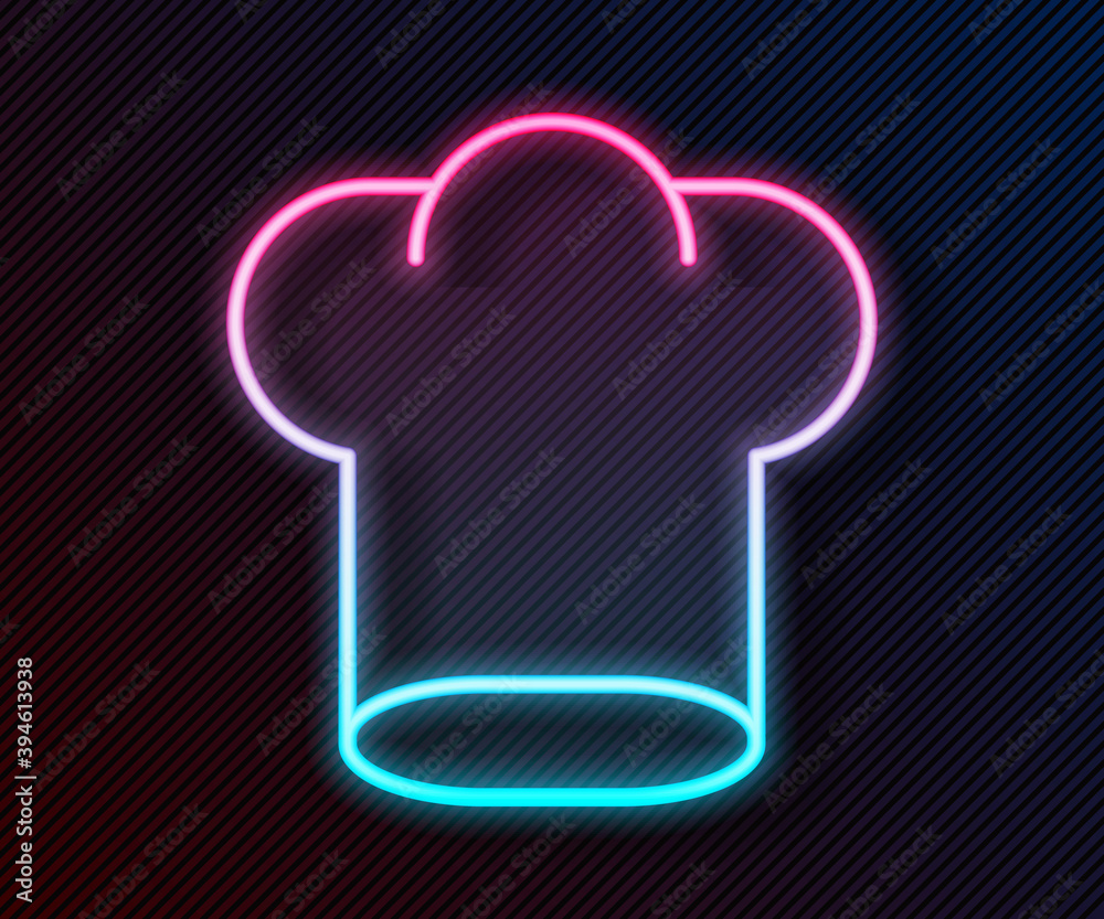 闪耀的霓虹灯线条厨师帽图标孤立在黑色背景上。烹饪符号。厨师帽。矢量。