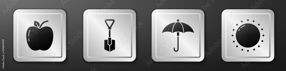 设置苹果、铲子、雨伞和太阳图标。银色方形按钮。矢量。
