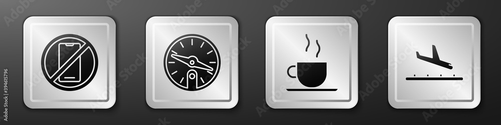Set No cell phone, Compass, Coffee cup and Plane landing icon. Silver square button. Vector.