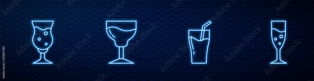 一杯果汁、啤酒、酒杯和香槟。砖墙上闪闪发光的霓虹灯图标。矢量。