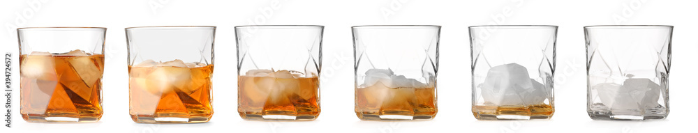 白底上有不同数量威士忌的玻璃杯