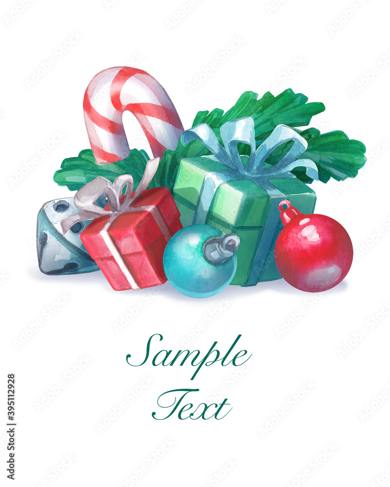 手绘水彩圣诞卡，里面有礼物、铃铛、糖果和冷杉枝。