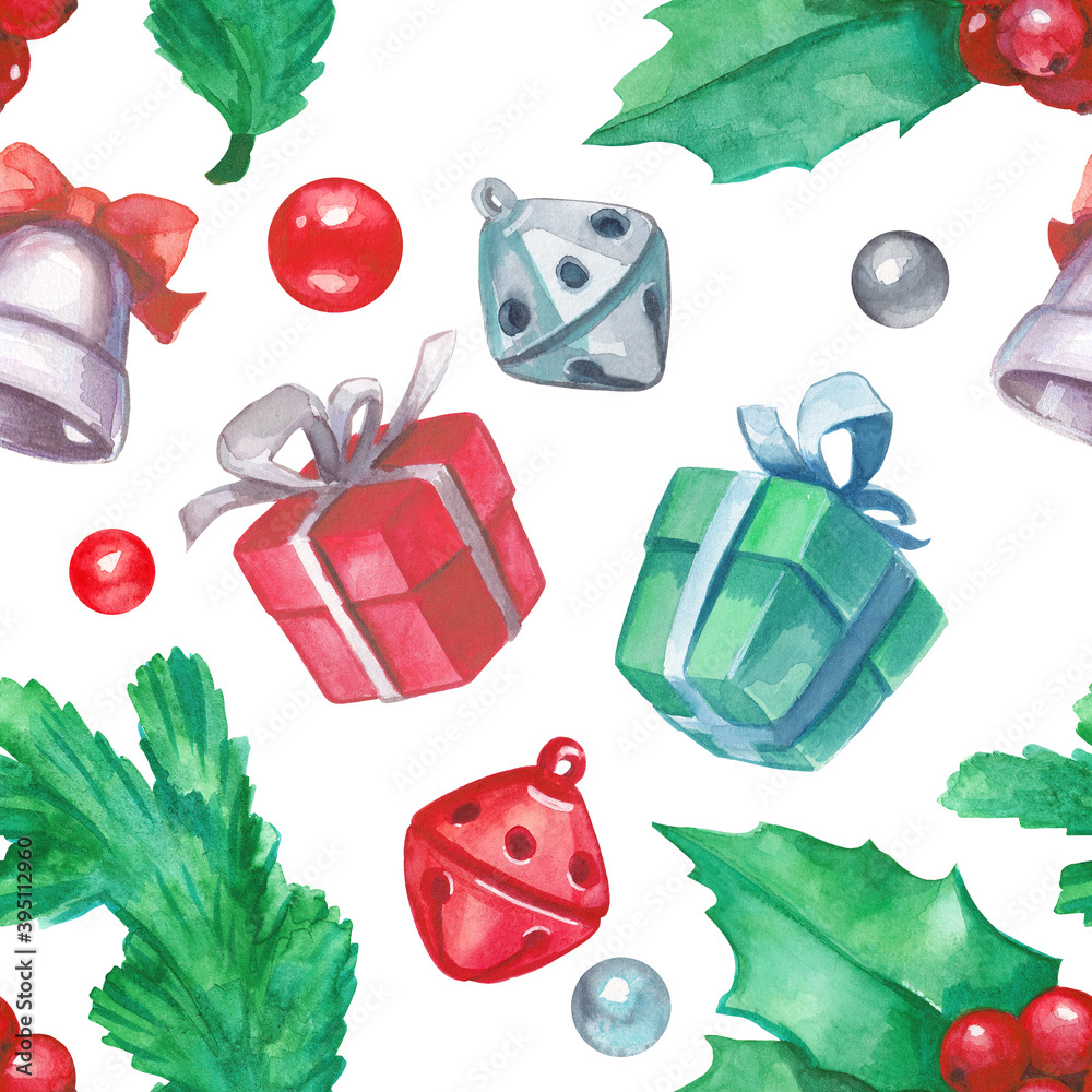 无缝圣诞冬季水彩纹理，带有冬青、糖果、铃铛和礼物