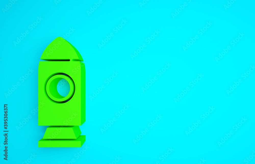 蓝色背景下的绿色火箭飞船图标。太空旅行。极简主义概念。3d插图