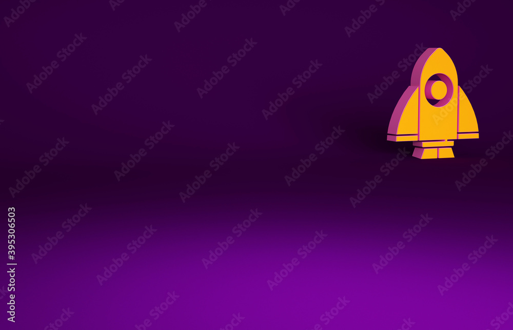 橙色火箭飞船图标隔离在紫色背景上。太空旅行。极简主义概念。3d插图