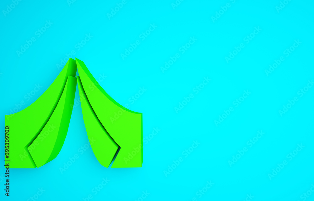 蓝色背景上隔离的绿色旅游帐篷图标。露营符号。极简主义概念。3d插图