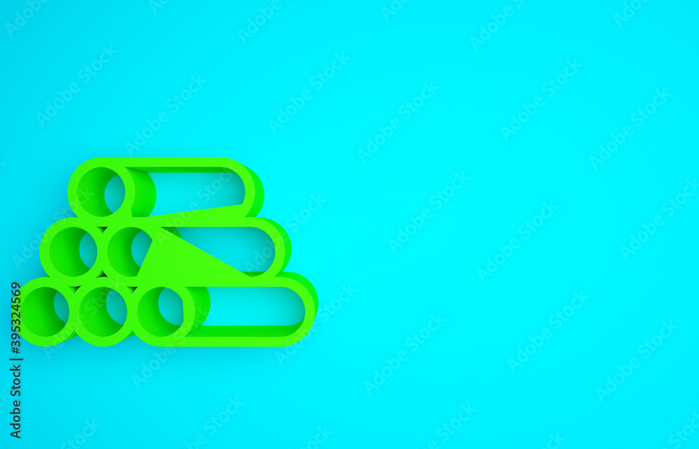 蓝色背景上的绿色木制原木图标。一叠柴火。极简主义概念。3d幻像