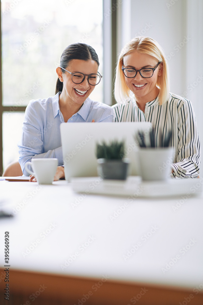 微笑的女商人在办公桌旁用笔记本电脑工作