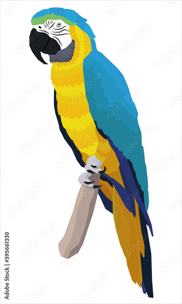 一只蓝黄相间的金刚鹦鹉坐在带有si的棍子上的简单矢量eps插图图标